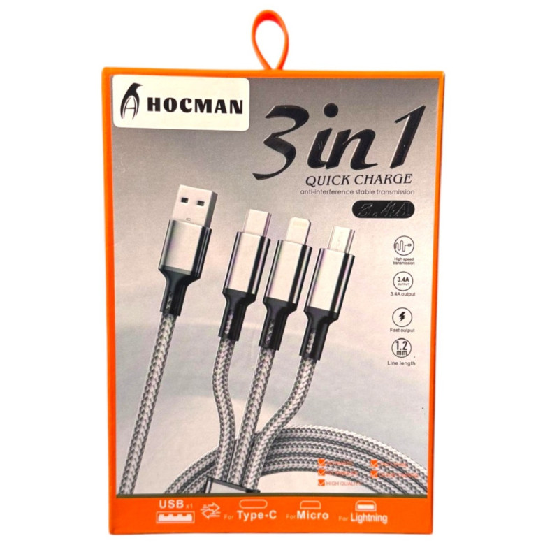 Câble Multi USB, 3 en 1 Câble Universel 1.2M Câble Multi USB, 3 en 1 Câble Universel 1.2M