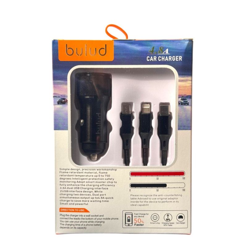 Chargeur Voiture 3en1 2x USB 4.8A Chargeur Voiture 3en1 2x USB 4.8A