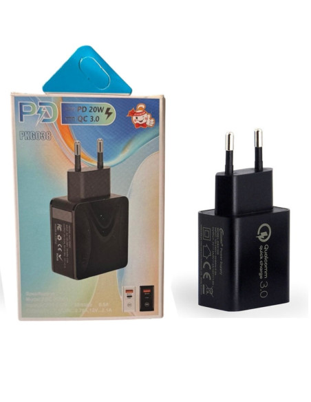 Prise secteur 20w usb-a qc3.0 + usb type-c pd noir