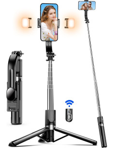 Perche à Selfie 115 CM avec Trépied Amélioré - 2 Lumière d’Appoint